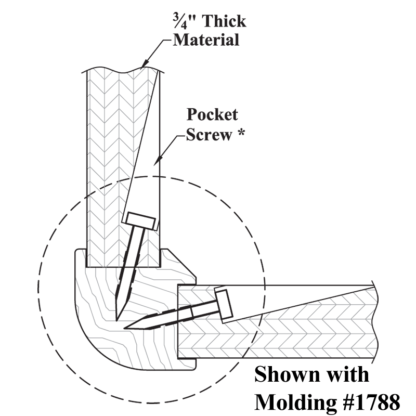 1788 Solid Wood 90° Corner Molding for Cabinet Transitions-Pocket Screw Application Drawing